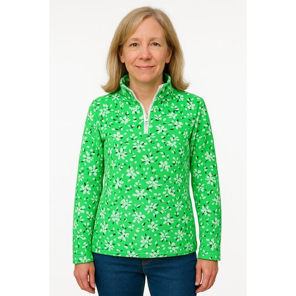 Draper James X Lands End Pullover Size Small Snap Sweatshirt Green Floral Preppy - Picture 1 of 10